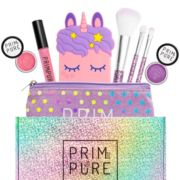 Prim and Pure Mineral Gift Set with Unicorn Mirror| Perfect for Play Dates & Birthday Parties | Kids Eyeshadow Makeup – Mineral Blush | Organic & Natural Makeup Kit for Kids| Made in USA (Purple)