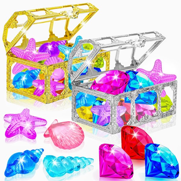 MGparty 24pcs Diving Gem Pool Toy Colorful Diamonds Set with Treasure Pirate Box Summer Underwater Swimming Toys for Boys and Girls