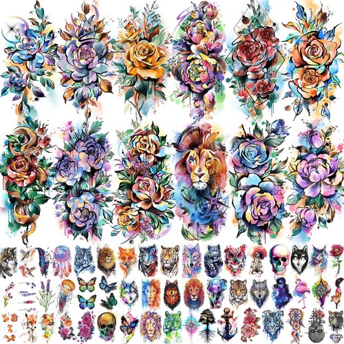 EGMBGM 63 Sheets 3D Watercolor Rose Temporary Tattoos For Women Arm Girls Adults, Water Color Peony Flower Tattoo Stickers, Fake Tattoos That Look Real and Last Long, Bulk Colorful Floral Lion Temp Tattoos Moon Snake