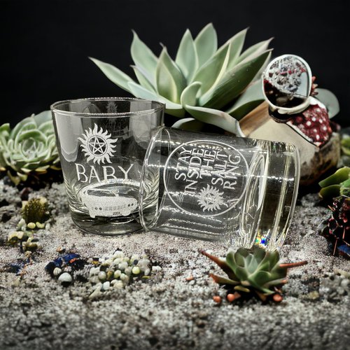 Brindle Southern Farms Supernatural Inspired Gift Set of 2 SPN Etched Rocks Glasses: Stay Inside the Salt Ring and Dean's Baby, Whiskey Glass Supernatural Gift for TV Show Fan
