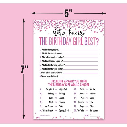 15 Who Knows The Birthday Girl Best Game Cards- for Child or Teen- Fun and Easy Game for Party or Sleepover- Girl Birthday Supplies, Activity, Decorations