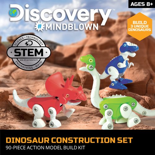DISCOVERY #MINDBLOWN Dinosaur Construction Set, 90-Piece Action Model Build Kit, Kid-Safe Electronic Tools & Screws, Create T-Rex Triceratops, Prehistoric Monster Learning STEM Toy For Paleontologists