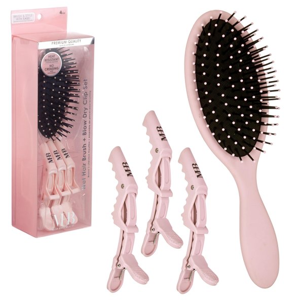 Expressions 4pc Wet & Dry Detangling Hair Brush + Blow Dry Clips Set in Pink -Crease-Free Blow Dry Clip Value Pack, Hair Brush & Heat Resistant Hair Styling Clips Professional Quality