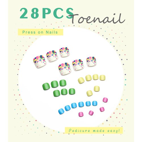 Aegenacess 28pcs Toenail Press on Summer Fake Toe Nails Press ons False Nail Tips Beach Short Pedicure Kit for Women (Multicoloured Dots)