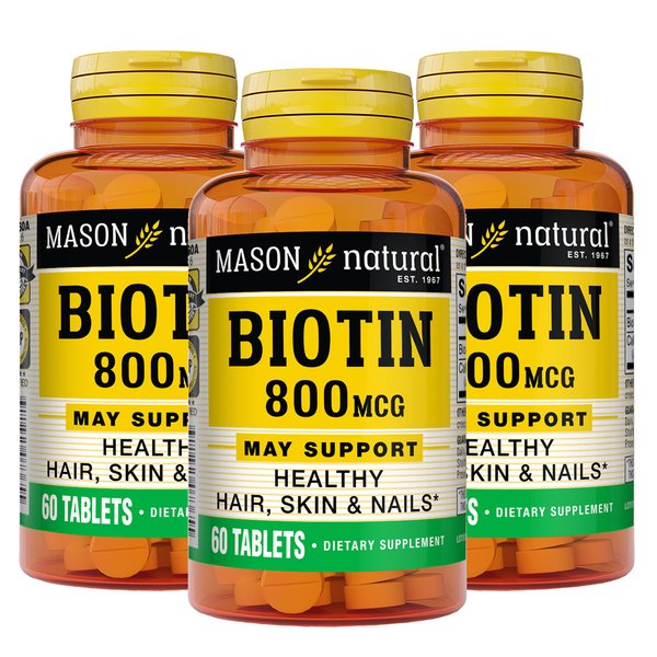 MASON NATURAL 800 Mcg Tablets, Dietary Supplement, Support and Strengthens Healthy Hair and Nails Biotin, 60 Count, Pack of 3