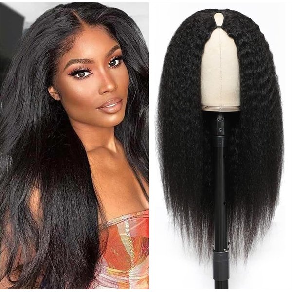 V Part Wig Human Hair Kinky Straight Human Hair Wigs for Black Women 150% Density Yaki V Part Wig Human Hair Upgrade U Part Glueless Full Head Clip In Half Wig V Shape Wigs Yaki Straight Human Hair Wig 20 inch