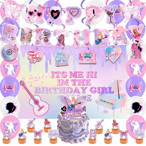 Music Birthday Party Decorations - Singer Happy Birthday Banner, 'ITS ME' Backdrop, Cake, Cupcake Toppers, Hanging Swilrs, Balloons for Fans Music Theme Party Supplies
