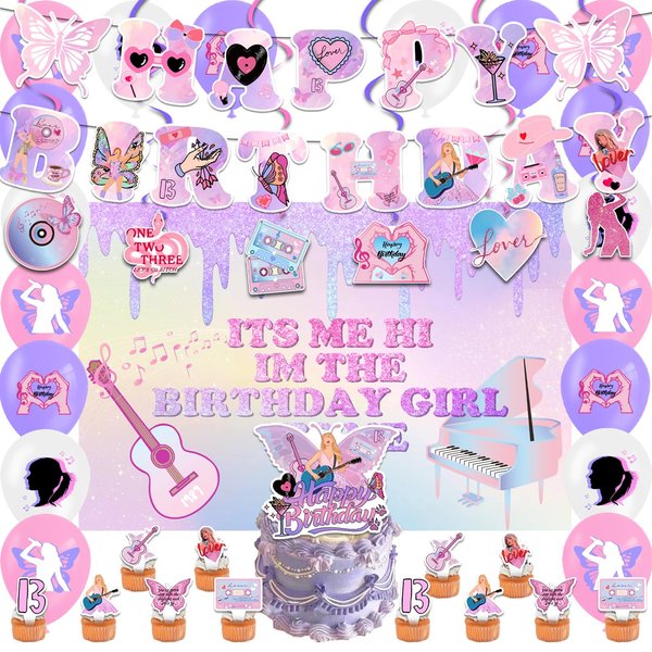 Music Birthday Party Decorations - Singer Happy Birthday Banner, 'ITS ME' Backdrop, Cake, Cupcake Toppers, Hanging Swilrs, Balloons for Fans Music Theme Party Supplies