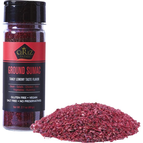 Cerez Pazari - Sumac Spice Powder - Turkish Sumac Seasoning - 2.1oz Easy To Use Flapper Spice Cap- Tangy Lemony Taste Flavor- Salt Free, Gluten Free, Middle Eastern and Mediterranean Spices