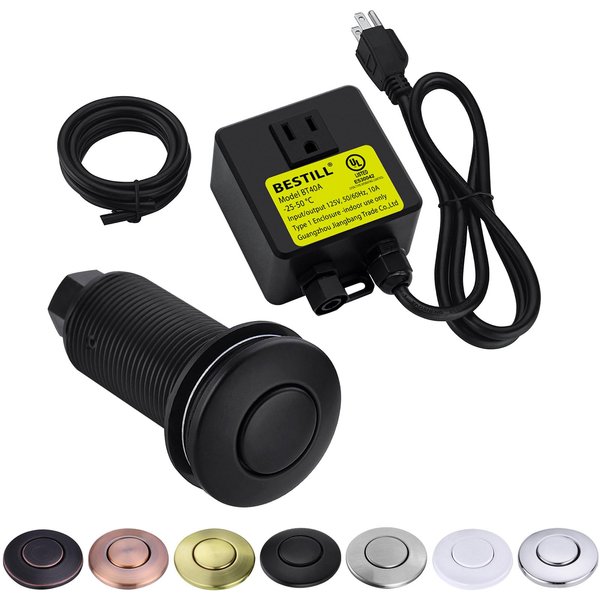 BESTILL Sink Top Garbage Disposal Air Switch Kit, Matte Black (Long Push Button with Brass Cover), UL Listed