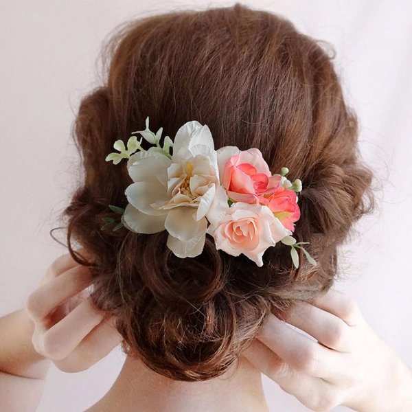 Fangsen Silvery Wedding Freesia Rose Baby Pink Buds Flowers Floral Comb With Hair Clip Floral Hair Headpiece Christmas Festival Headpiece Women Girls Party