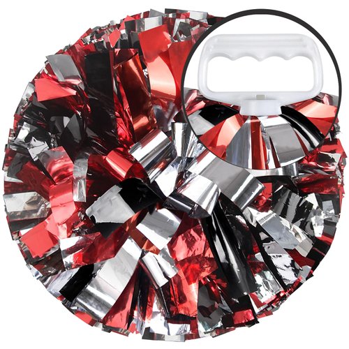 4 Packs Metallic Cheerleading Cheer Pom Poms, AUHOKY Fluffy Cheerleader Pompoms with Finger-friendly Ring, Cheering Pom poms for Squad Team Sports Game Dance Dress Party Kids Adults (Black/Silver/Red)