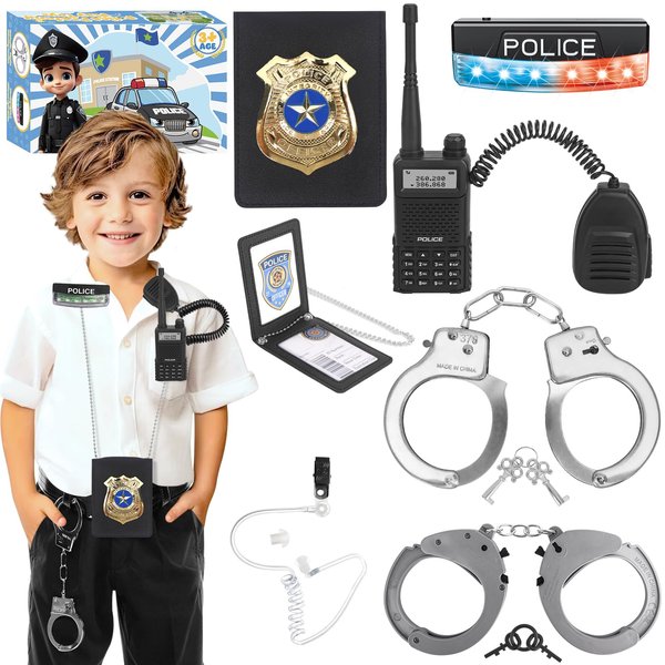 IVENRXIU Police Toys, Police Pretend Play Toys for Dress Up, Role Play Set with Police Accessories, Handcuffs, Warning Light, Police Badge, Birthday Halloween Christmas Gifts for Kids Boys Girls