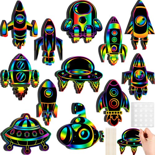 Engrowtic 72 Pcs Rocket Scratch Cards for Kids, Space Crafts Outer Space Scratch Paper Space Party Favors Rainbow Rocket Scratch Card with Wooden Stick and Ribbon for DIY Project Home Classroom