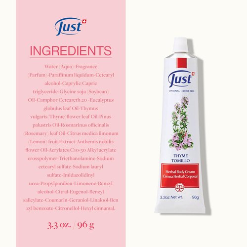 SwissJust Thyme Cream, Thyme Tomillo 96g. Massage Cream with Camphor Oil, Lemon Eucalyptus Chamomile Essential, Rosemary, Soybean, and Pine Essential Oils.