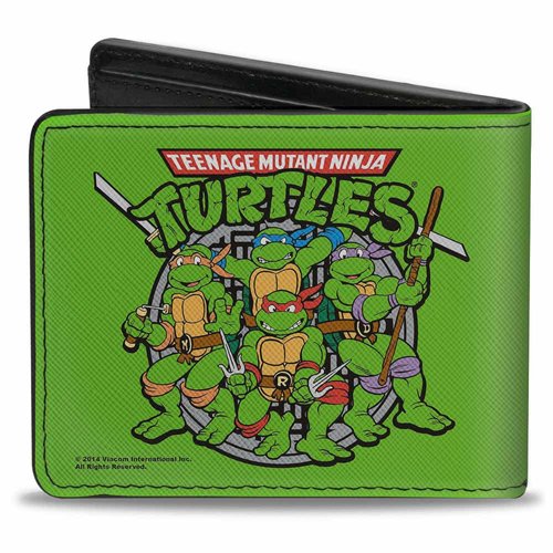 Nickelodeon Buckle-Down Pu Bifold Wallet-Classic TMNT Turtles Battle Pose8/Manhole Cover Green/Black, Multicolor, 4.0" x 3.5"