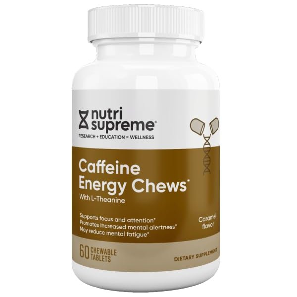 Nutri-Supreme Research Caffeine Energy Chews with L-Theanine - Caramel Flavor - 60 Chewable Tablets