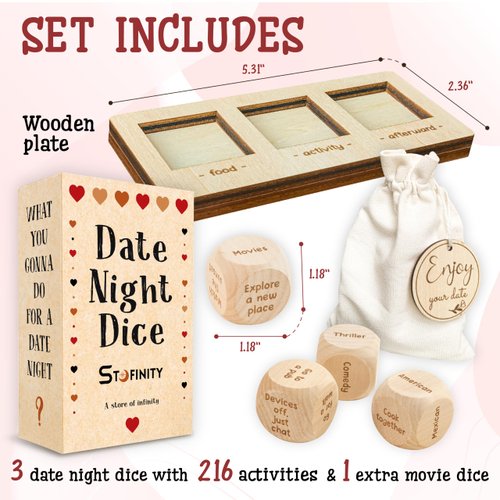 STOFINITY Date Night Dice for Couples - Food Decision Dice Set, Whats for Dinner Dice Games, Take Out Dice, Wooden Date Dice Valentine’s Day Couple Gifts for Him Her, Date Night Activities Ideas