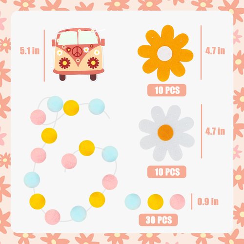 Groovy Party Decorations,4PCS Daisy Party Decorations,Hippie Boho Garland and Felt Ball Garland,Spring Daisy Party Supplies for Wall Window Home Room Decorations