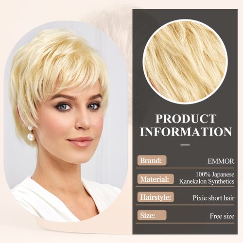 EMMOR Short Light Blonde Wigs for Women Memory Fiber Simulated Human Hair Pixie Curly Wig With Bang,Natural Daily Use Hair(Color 613#)