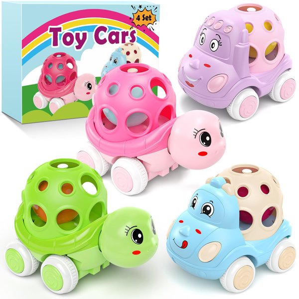 4 Set Play Cars for Toddler Girl Stocking Stuffers, Pink Car Toys for Toddlers Push Cars, Rattles Toy Cars Push and Go Truck, Birthday Gifts for Twin Toddler Girls 3 + Year Old Twins Gift ideas