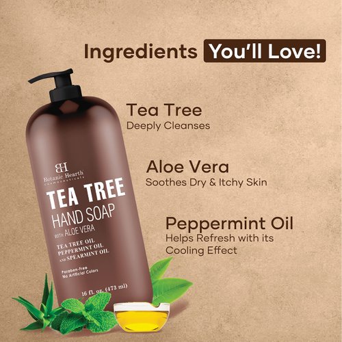 Botanic Hearth Tea Tree Liquid Hand Soap - Sulfate Free Formula - Multi Purpose Hand Wash with Aloe Vera and Premium Grade Tea Tree Oil, Pump Dispenser - 16 fl oz