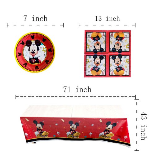 Birthday Party Supplies for Red Mickey Mouse ,Includes 20 Paper Plates - 20 Napkin - 1 Table Cloth Serves 20 Guest