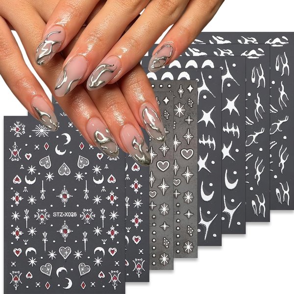 Metallic Silver Nail Art Stickers Bronzing Star Moon Nail Decals 3D Self-Adhesive Fish Bone Nail Art Supplies Starlight Hearts Nail Sticker y2k Silver Glitter Fish Bone Design for Women 8 Sheets