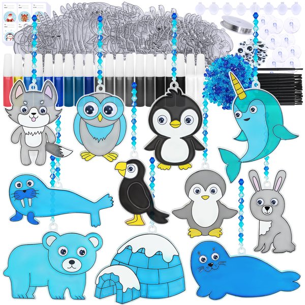 Winlyn 33 Sets Winter Polar Animal Suncatchers Ornaments Decorations DIY Window Paint Art Suncatchers Winter Craft Kits Winter Sun Catchers for Kids Christmas Holiday Classroom Activities Art Project