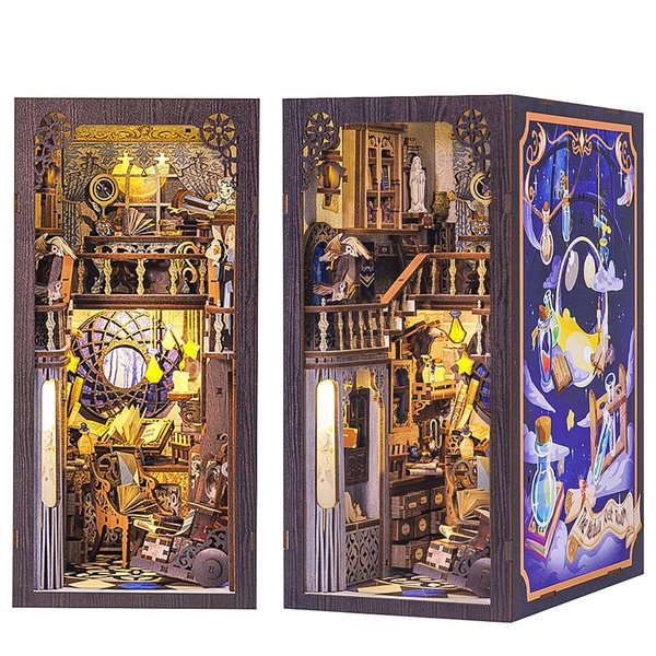 CUTEBEE DIY Book Nook Kit with Dust Cover, DIY Dollhouse Booknook Bookshelf Insert Decor Alley, Bookends Model Build-Creativity Kit with LED Light(Nebula Common Room)