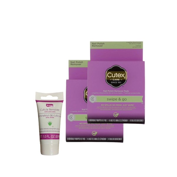 Generic Care swipe & go nail polish remover pads/wipes 10ct.per box | 2 boxes - and 1 b-pure cuticle remover with aloe 1.0 oz. | 20 total wipes/pads. Easy to use towelettes