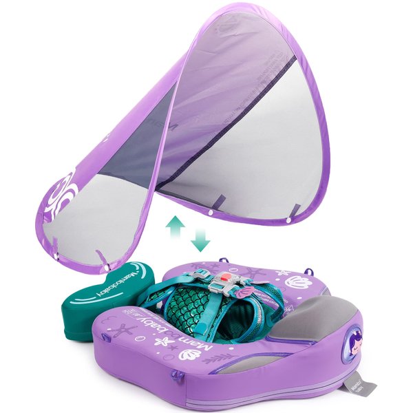 Mambobaby Float Upgrade Add Tail Baby Float with Canopy for Infant Waist Swimming Ring Swim Trainer Non-Inflatable Floats Toys with Adjustable Safety Strap (Purple Mermaid)