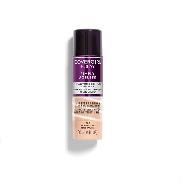 CoverGirl & Olay Simply Ageless 3-in-1 Liquid Foundation, Matte Finish, Hyaluronic & Vitamin C Formula, Cruelty Free, Natural Beige, 1 Count
