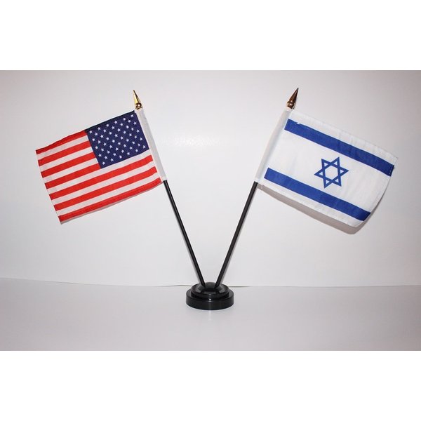 US USA American and Israel Israeli Star Of David Jewish 4"x6" Miniature Flags Desk Set with Gold Base