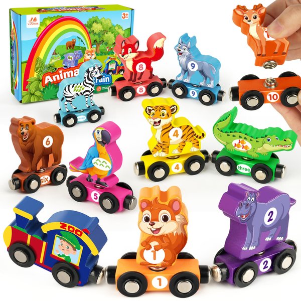 Vanmor Wooden Train Set with Animal Toys, Snap-Connection Animal Train, Matching and Magnetic Number Train Learning Toys, Fine Motor Skill Educational Toy Gift for 3 4 5 Years Old Kids