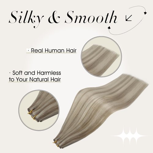 Full Shine Genius Weft Hair Extension Remy Hair For Women Color Ash Blonde Highlight Bleach Blonde Hand Tied Sew In Weft Hair Extensions 16 Inch 50G Human Hair Sew In Extensions Soft Straight Hair
