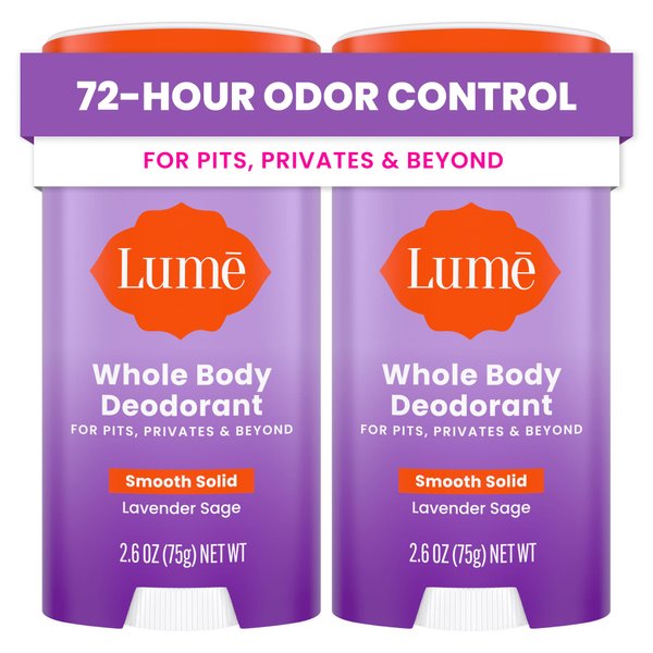 Lume Whole Body Deodorant - Smooth Solid Stick - 72 Hour Odor Control - Aluminum Free, Baking Soda Free and Skin Safe - 2.6 Ounce (Pack of 2) (Lavender Sage)