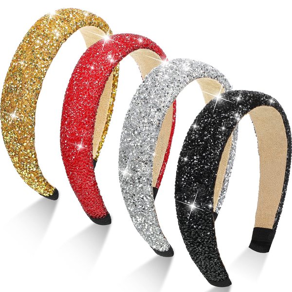 Waydress 4 Pieces Rhinestone Crystal Headband Fashionable Handmade Bling Rhinestone Hairbands Headwear for Women Girls Hair Accessories (Black, White, Red, Gold)
