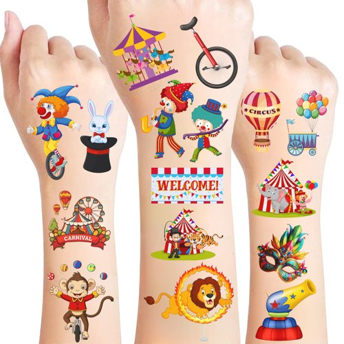 Circus Temporary Tattoos - Animal Clown Magical Circus Birthday Decorations Carnival Party Favors Supplies Gift Idea Holiday Festival For Boy Girls
