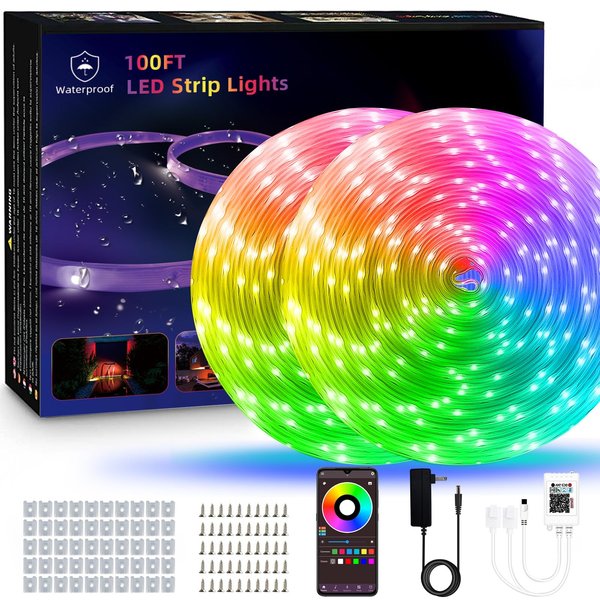 HEDYNSHINE 100ft Outdoor led strip lights waterproof-IP 67 led lights Smart phone control,RGB Color changing with 44key remote,Music SYNC,LED strip lights outdoor use 100ft（2 rolls x50ft）