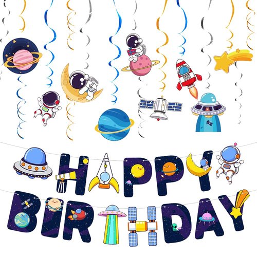 Outer Space Party Decorations Set, Space Birthday Party Supplies for Boys Kids Solar System Hanging Swirls, Astronaut Banner