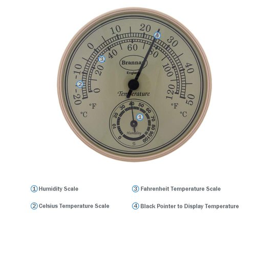 Brannan Thermometer Hygrometer Gilt Dial - Analog Hygrometer and Thermometer Dial for Home, Office, Garden, Greenhouse or Conservatory Thermo Hygrometer Humidity Meter