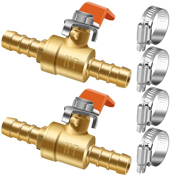 Horiznext 3/8 inch mini 2 way brass barb air ball valve for water gas fuel shut cut off 10mm pex tubing, (2pc in pack)