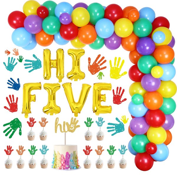 Hi Five Birthday Party Decorations Boy Girl - 5th Birthday Decorations Balloon Garland Kit with Hi Five Foil Banner, Handprint Sticker Glitter Cake Topper for Five Birthday Party