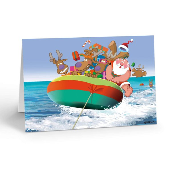 Stonehouse Collection | Santa and Reindeer Boat Tow Christmas Card |18 Boxed Boating Cards & Envelopes | Nautical Christmas Cards
