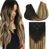 GOO GOO Clip in Hair Extensions Real Human Hair, Remy Human Hair Extensions Clip ins for Women, Natural Human Hair, 16inch 120g 7Pcs, 2/6/18 Balayage Brown to Dirty Blonde