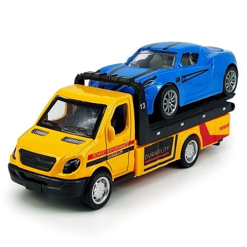 Flatbed Truck Toy Rescue Tow Truck Transport Trailer Car Carrier Metal Diecast Pull Back Vehicles 2 in 1 Vehicle Playset Toy Trucks for Boys Kids Toddlers Birthday Gifts for Age 3 4 5 6, Yellow