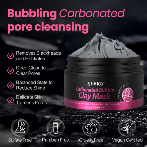 RIHAKO Bubble Carbonated Clay Mask -Bubble Deep Cleansing Face Mask for Blackhead Removal, Exfoliation, Pore Cleansing, Oil Removal, Face Detoxification