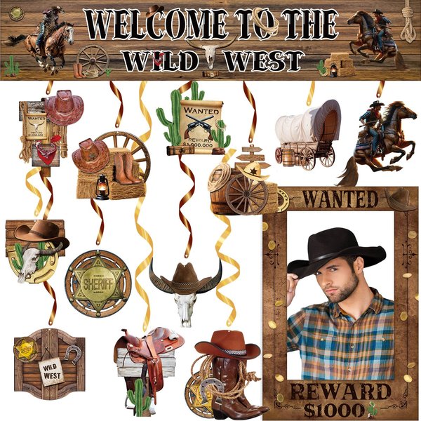 Gilprop 14 Pcs Western Party Decorations Western Cowboy Themed Banner Hanging Swirls Wild West Banners Ceiling Streamers Western Cowboy Theme Party Photography Backdrop Supplies for Birthday Party