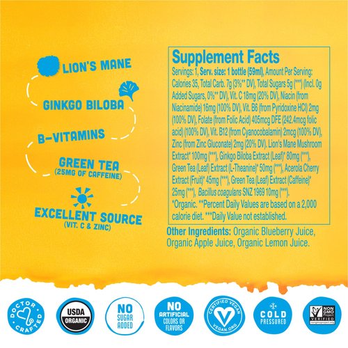 Vive Organic Brain + Immunity Blueberry Lemon Wellness Shot, 2 fl oz Bottle (Pack of 12)